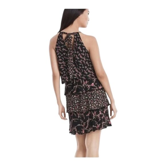 WHBM Dress 4 Tiered Ruffle Flapper Black Pink Floral Halter Party Mini Feme - Picture 2 of 10